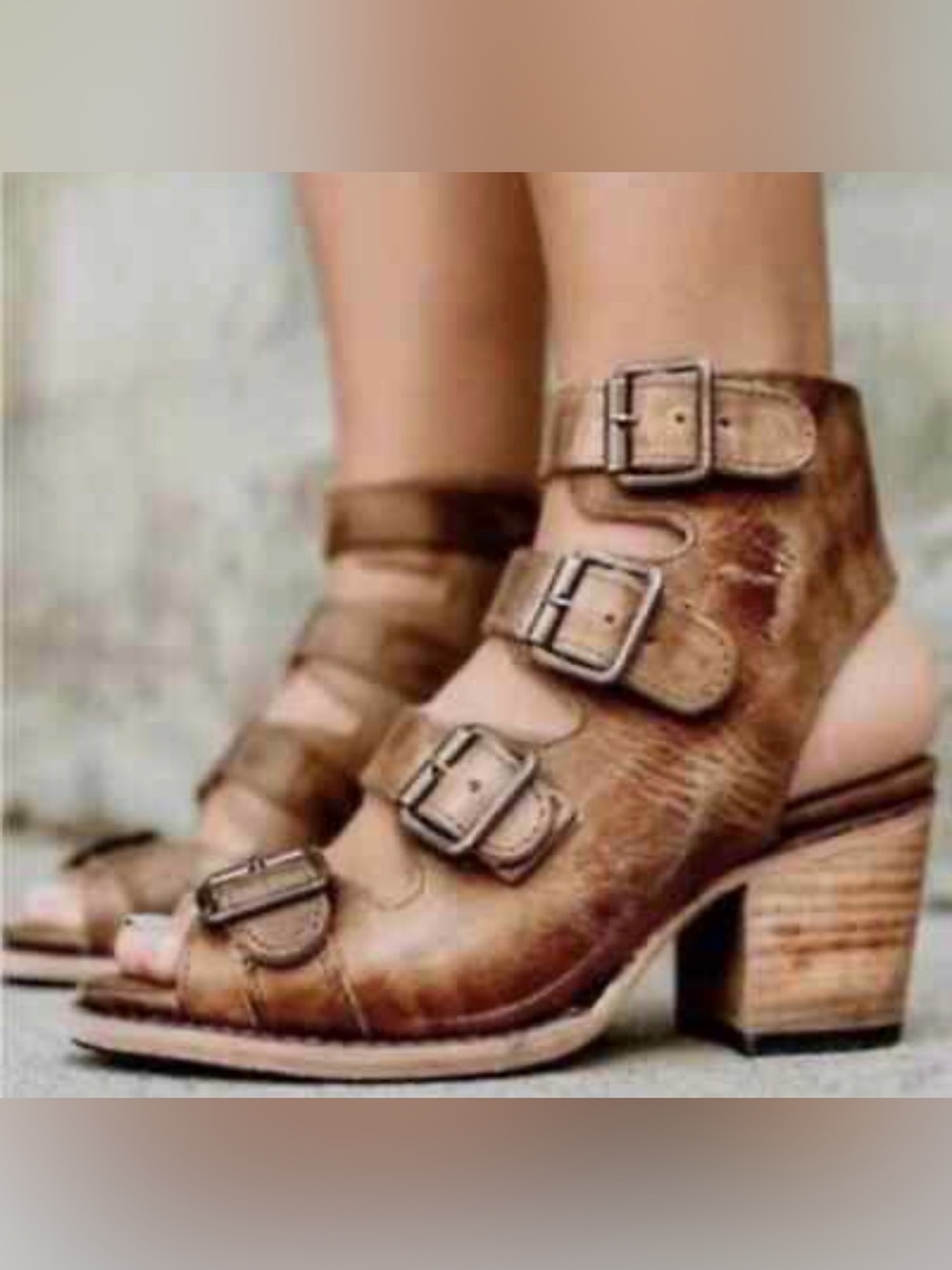 FREEBIRD Quail Leather Strappy Buckle Distressed Brown Sandals, Women 7 w/ Heel